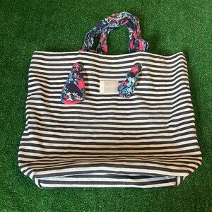 Roxy Act Together Canvas Black Stripes Floral Patterned Handles Tote Handbag Bag